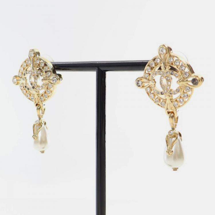 Pre Owned Chanel Coco Mark Faux Pearl Drop Earrings