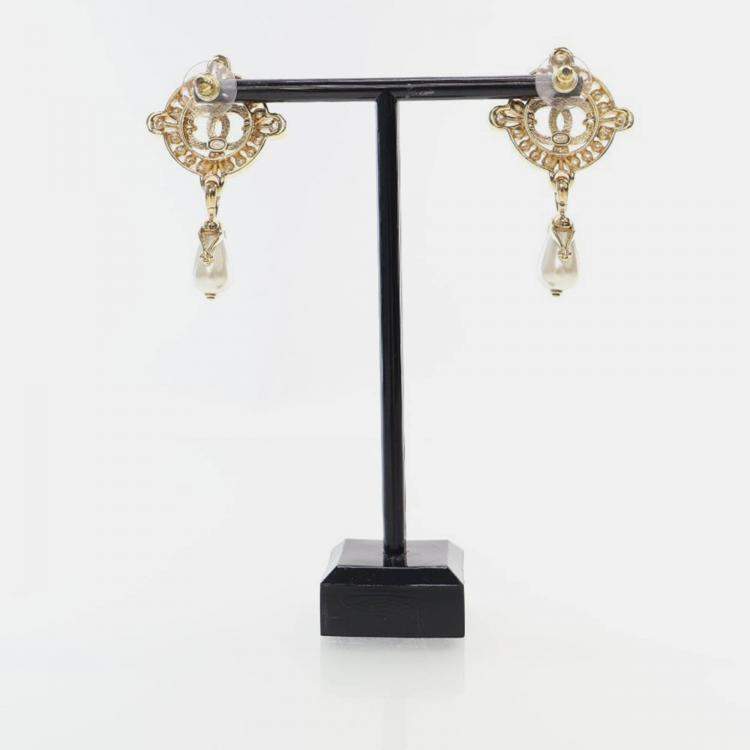 Pre Owned Chanel Coco Mark Faux Pearl Drop Earrings
