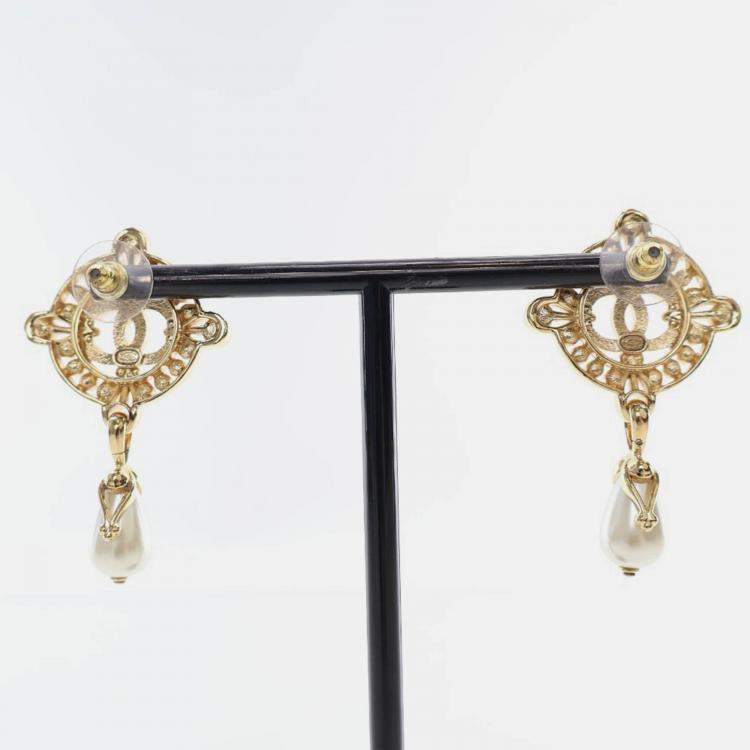 Pre Owned Chanel Coco Mark Faux Pearl Drop Earrings