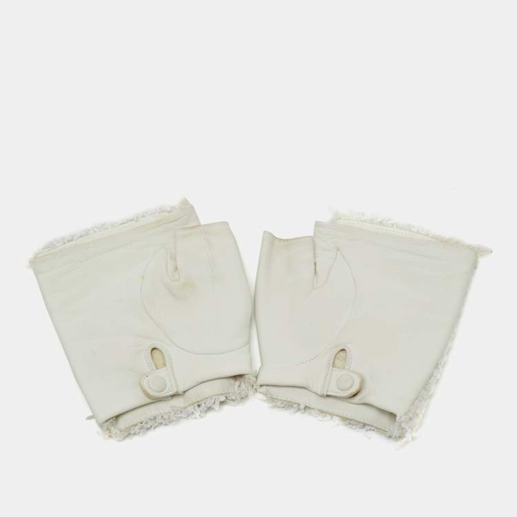Pre Owned Chanel Off White Leather and Tweed CC Pearl Embellished Fingerless Gloves Size 8