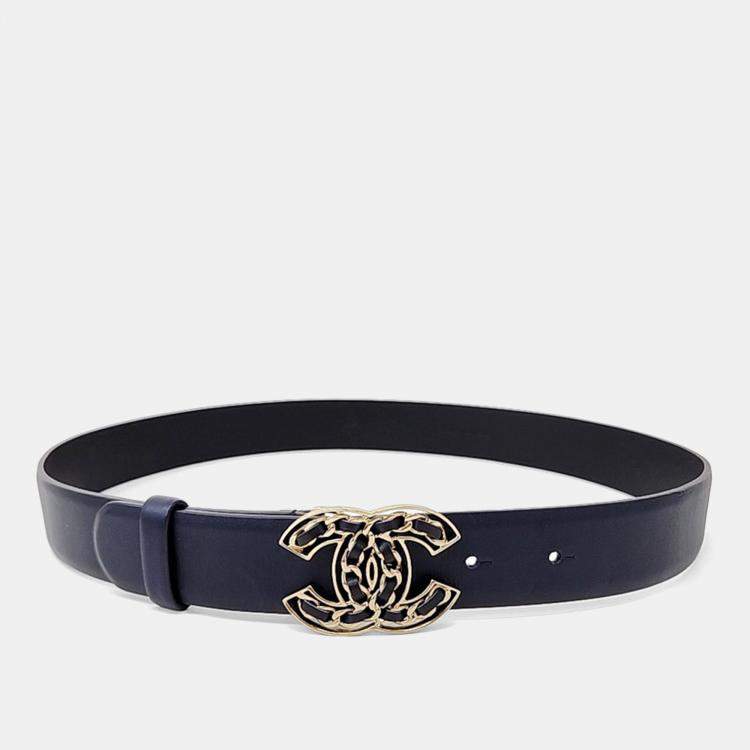 Pre Owned Chanel Navy Leather Logo Belt