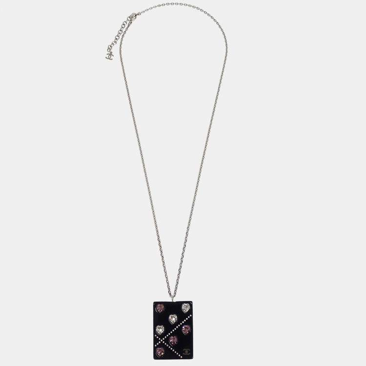 Pre Owned Chanel Silver Acrylic Rectangle Pendant Necklace Rhinestone