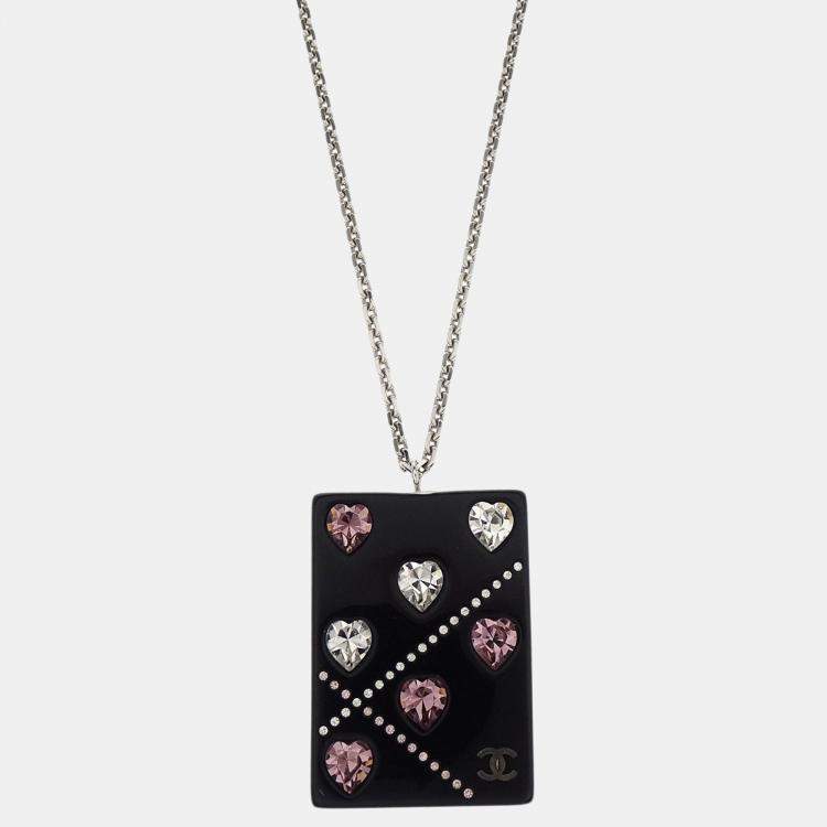 Pre Owned Chanel Silver Acrylic Rectangle Pendant Necklace Rhinestone