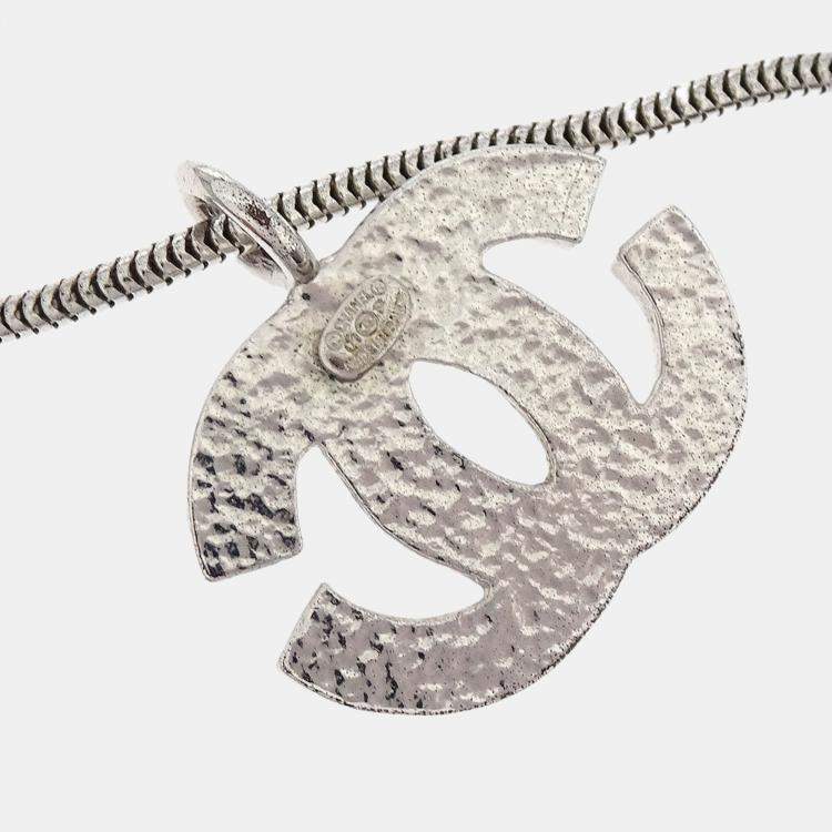 Pre Owned Chanel CC Necklace Pendant Rhinestone Silver