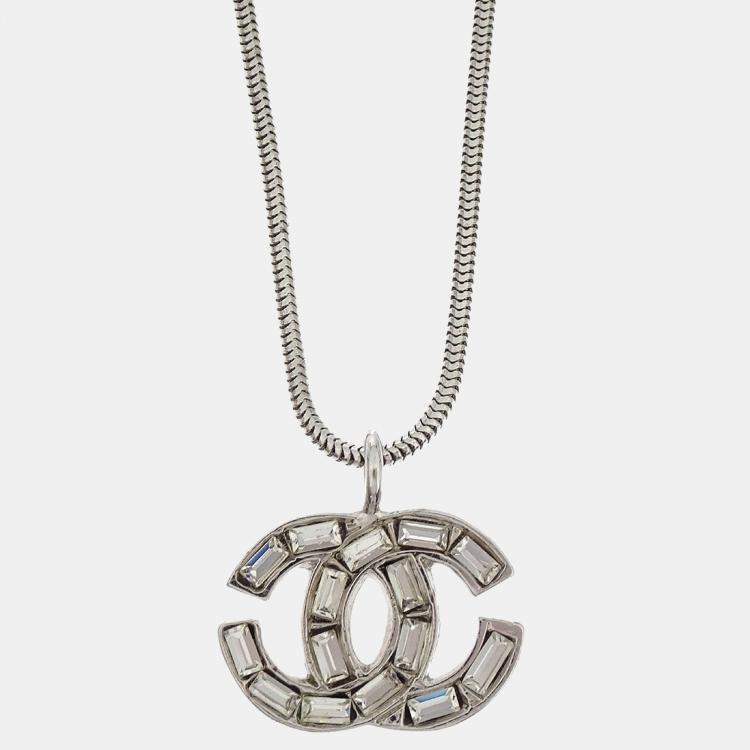 Pre Owned Chanel CC Necklace Pendant Rhinestone Silver
