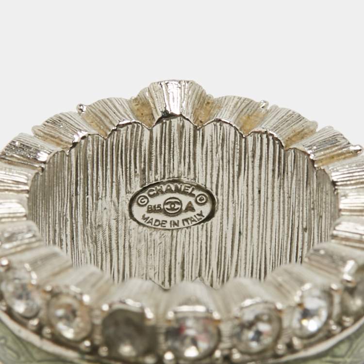 Pre Owned Chanel  CC Enamel Crystals Silver Tone Ring Size 52.5 