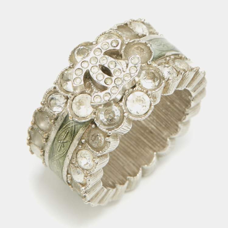 Pre Owned Chanel  CC Enamel Crystals Silver Tone Ring Size 52.5 