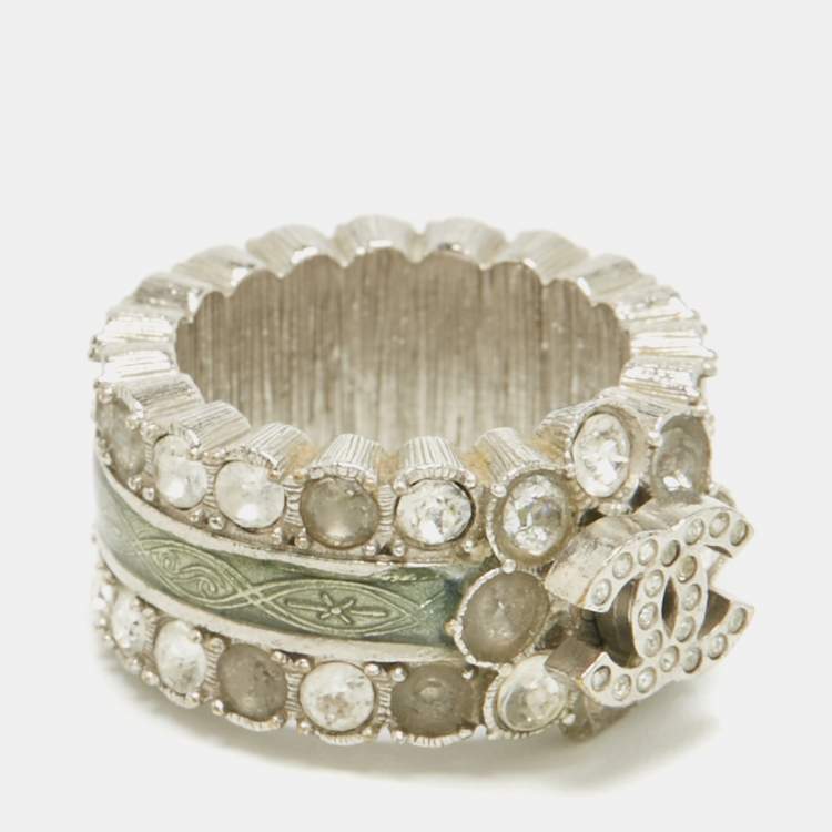 Pre Owned Chanel  CC Enamel Crystals Silver Tone Ring Size 52.5 
