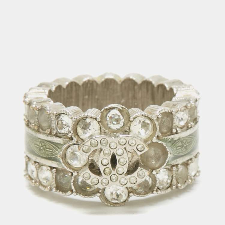 Pre Owned Chanel  CC Enamel Crystals Silver Tone Ring Size 52.5 