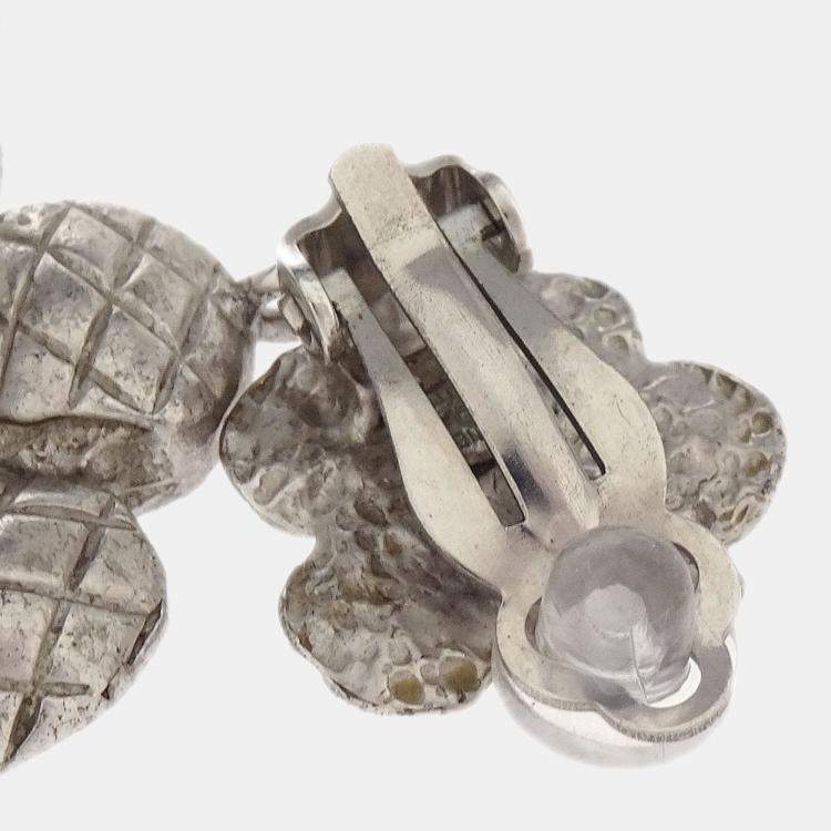 Pre Owned Chanel Flower Dangle Earrings Clip-On Silver