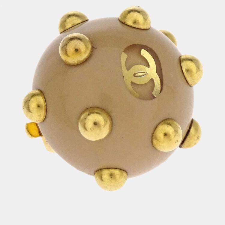 Pre Owned Chanel Studded Button Earrings Clip-On Gold Beige
