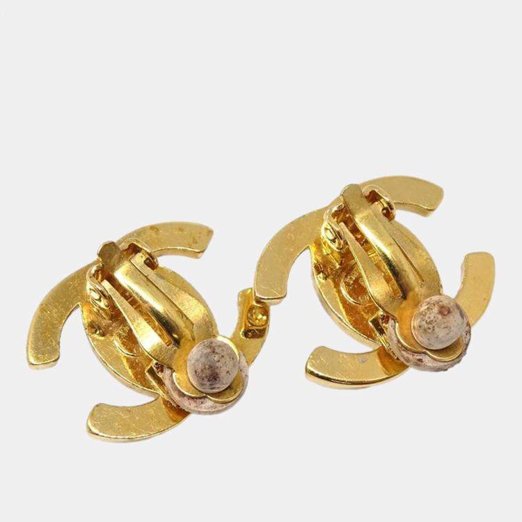 Pre Owned Chanel CC Turnlock Rhinestone Earrings Clip-On Gold Small