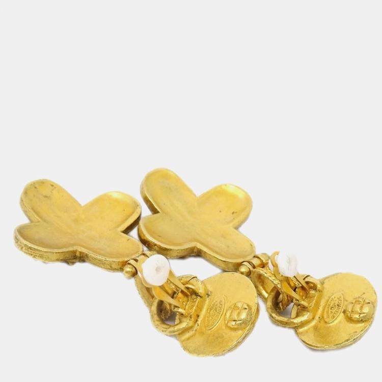 Pre Owned Chanel Artificial Pearl Dangle Earrings Clip-On Gold