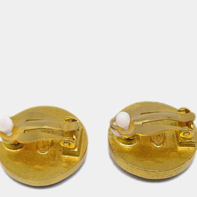 Pre Owned Chanel Button Acrylic Earrings Clip-On Brown Gold 95A