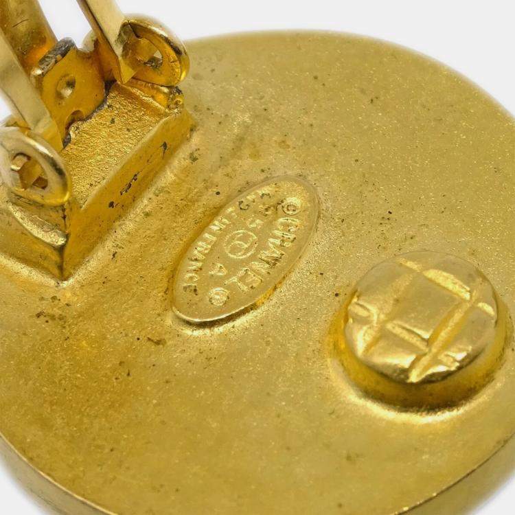 Pre Owned Chanel Button Acrylic Earrings Clip-On Brown Gold 95A