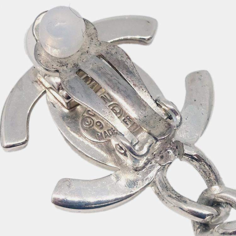 Pre Owned Chanel Dangle Turnlock Earrings Clip-On Silver Rhinestone 97A