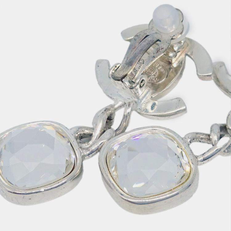 Pre Owned Chanel Dangle Turnlock Earrings Clip-On Silver Rhinestone 97A
