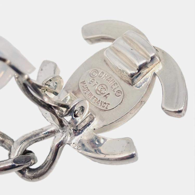 Pre Owned Chanel Dangle Turnlock Earrings Clip-On Silver Rhinestone 97A