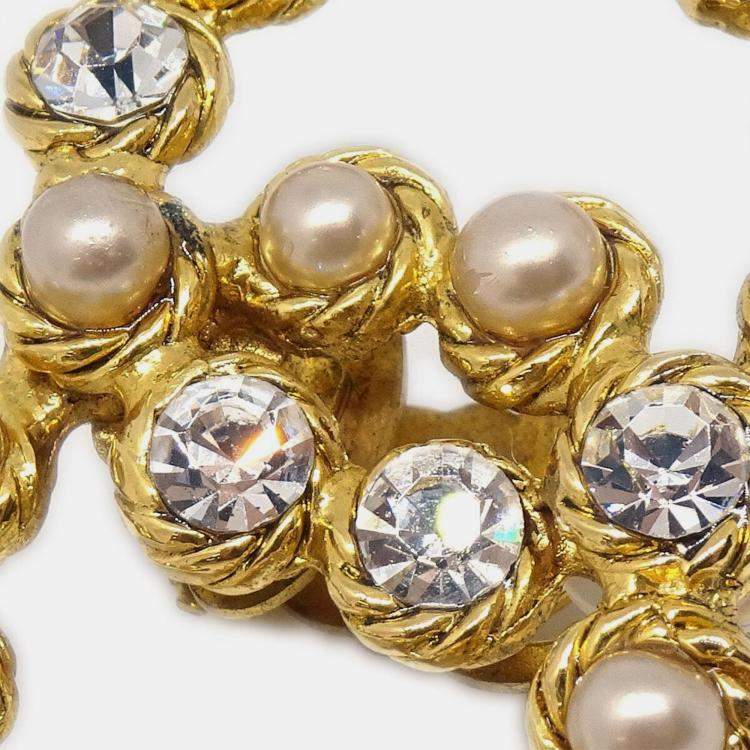Pre Owned Chanel Gold CC Earrings Clip-On Rhinestone Artificial Pearl 28