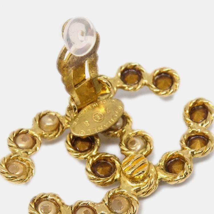 Pre Owned Chanel Gold CC Earrings Clip-On Rhinestone Artificial Pearl 28