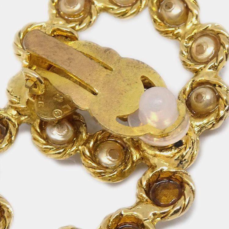 Pre Owned Chanel Gold CC Earrings Clip-On Rhinestone Artificial Pearl 28