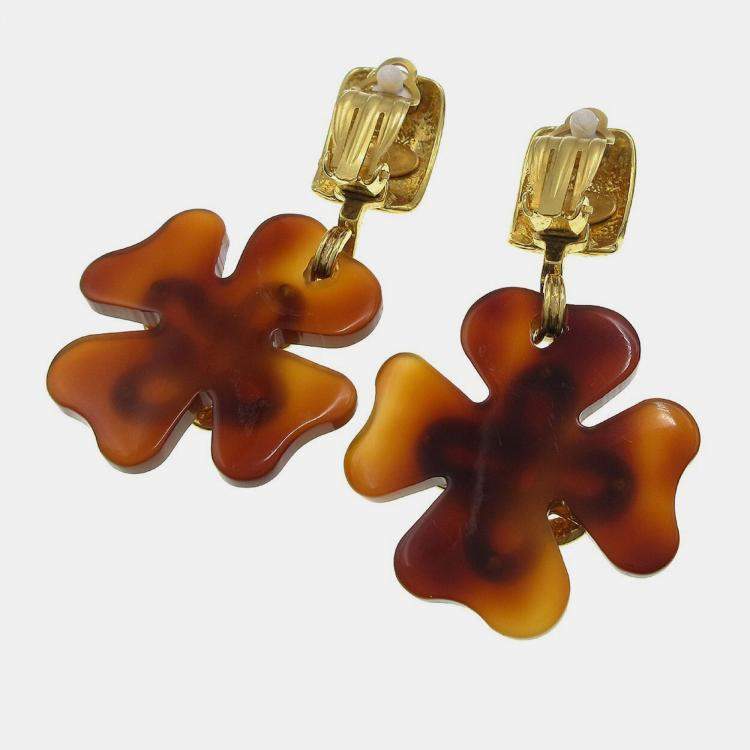 Pre Owned Chanel Clover Dangle Earrings Clip-On Acrylic 95P