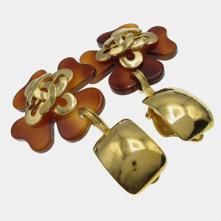 Pre Owned Chanel Clover Dangle Earrings Clip-On Acrylic 95P