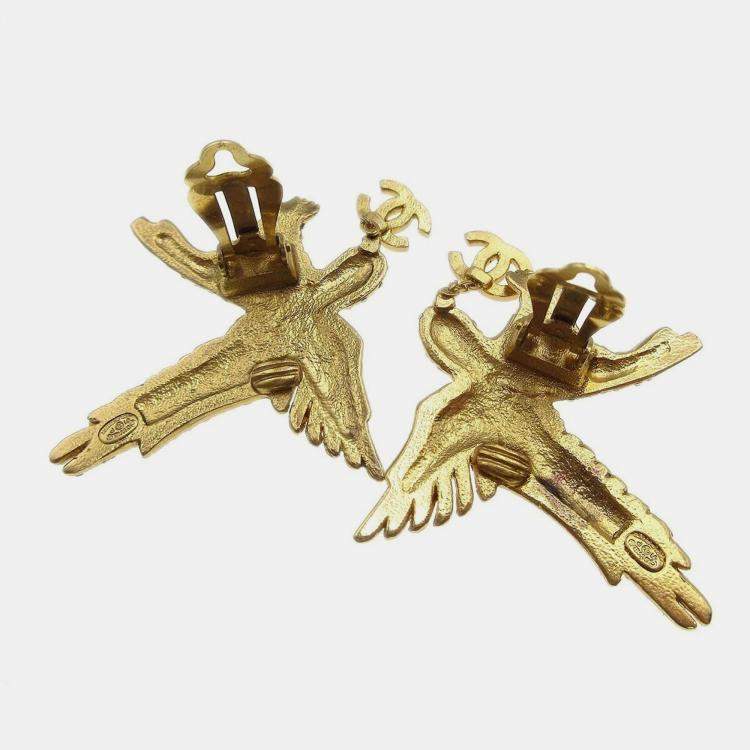 Pre Owned Chanel Rhinestone Eagle Earrings Clip-On Gold 01P