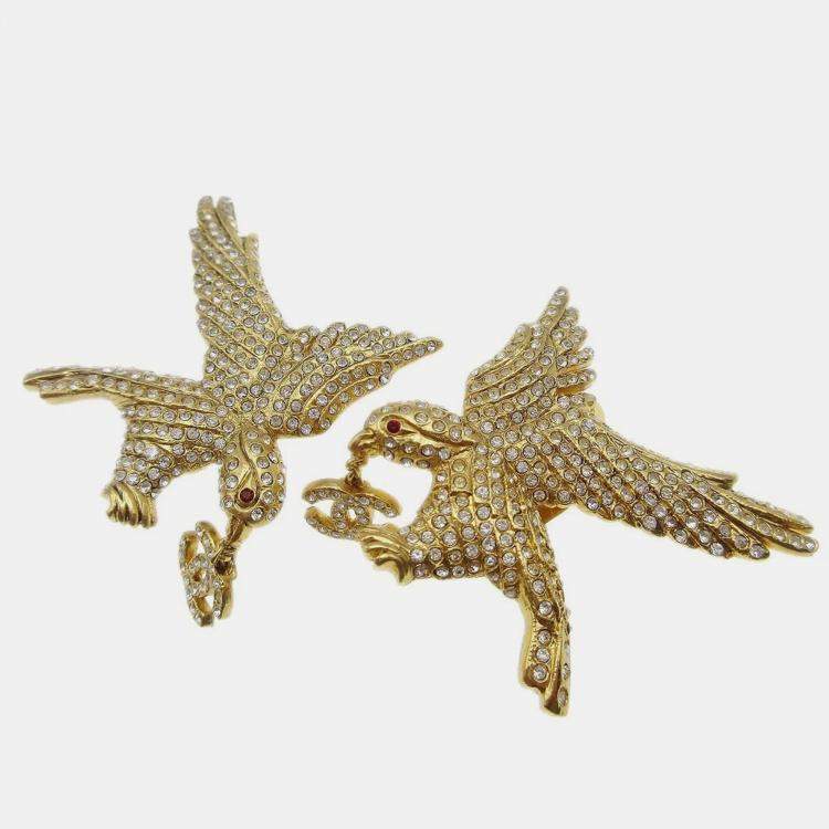 Pre Owned Chanel Rhinestone Eagle Earrings Clip-On Gold 01P