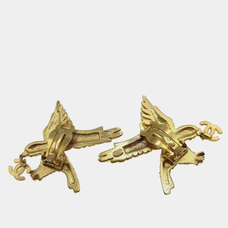 Pre Owned Chanel Rhinestone Eagle Earrings Clip-On Gold 01P