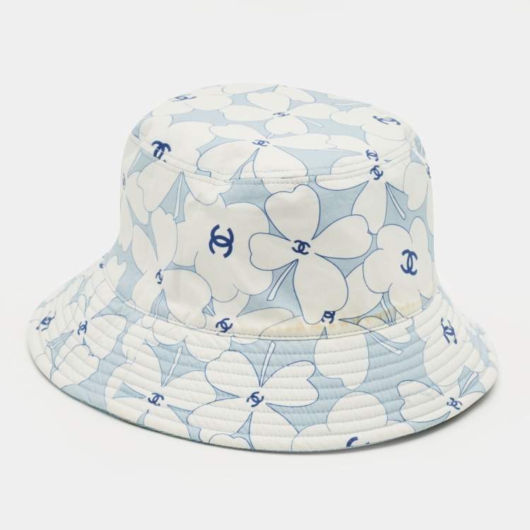 Pre Owned Chanel Light Blue/Printed Denim & Cotton Reversible Bucket Hat (56cm)
