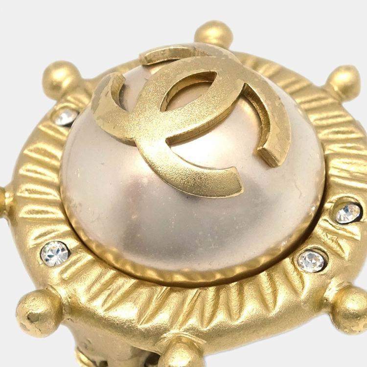 Pre Owned Chanel Gold Button Earrings Clip-On Rhinestone Artificial Pearl