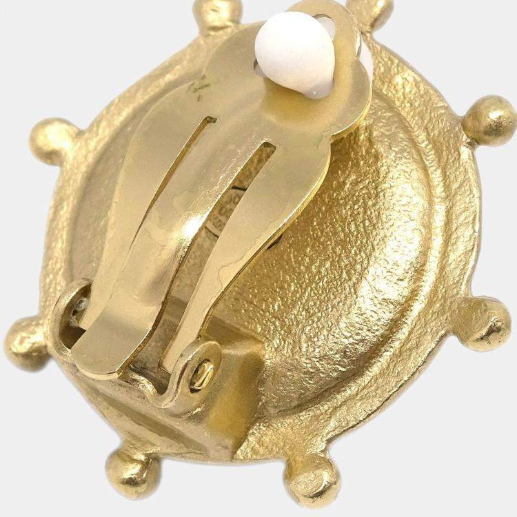Pre Owned Chanel Gold Button Earrings Clip-On Rhinestone Artificial Pearl