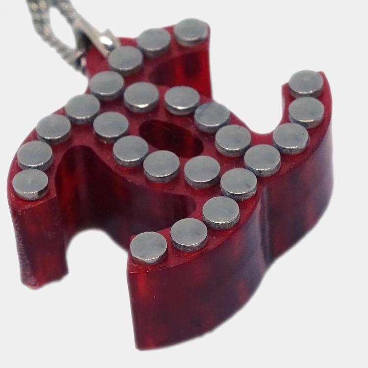 Pre Owned Chanel CC Chain Pendant Necklace Acrylic Silver Red