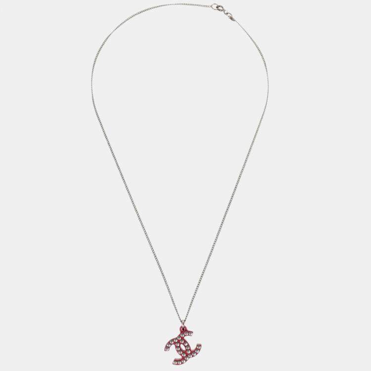 Pre Owned Chanel CC Chain Pendant Necklace Acrylic Silver Red