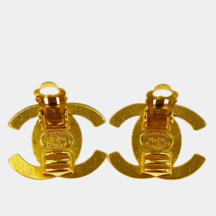 Pre Owned Chanel CC Turnlock Rhinestone Earrings Clip-On Gold Small