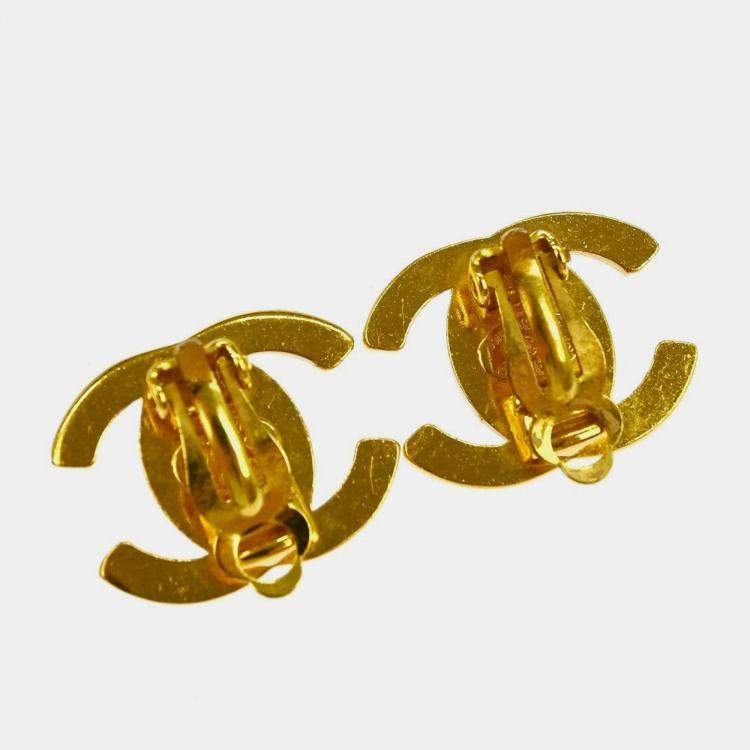 Pre Owned Chanel CC Turnlock Rhinestone Earrings Clip-On Gold Small