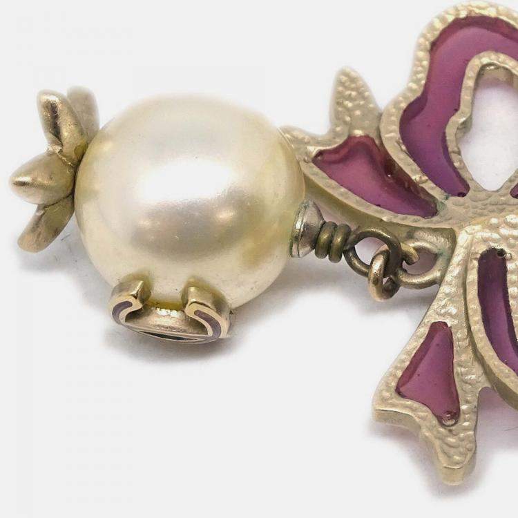 Pre Owned Chanel Chain Pendant Necklace Artificial Pearl Bow Gold