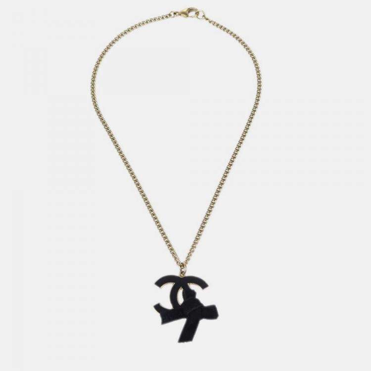 Pre Owned Chanel Bow CC Chain Necklace Pendant Gold Black