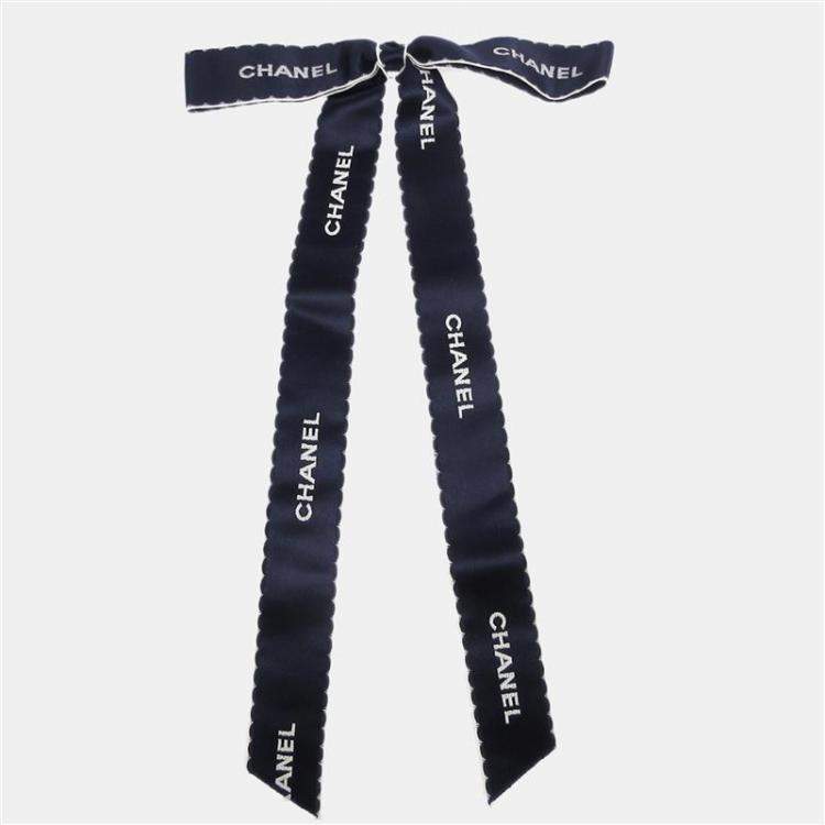 Pre Owned Chanel Bow Motif Brooch Pin Navy Satin