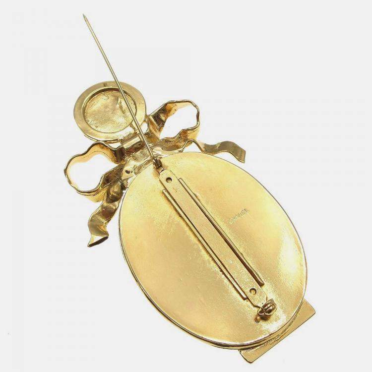 Pre Owned Chanel Bow Mirror Brooch Pin Gold