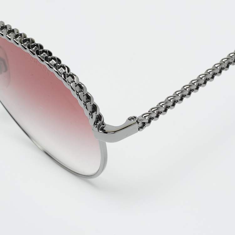 Pre Owned Chanel Pink Gradient 4242 Pantos Chain Aviator Sunglasses
