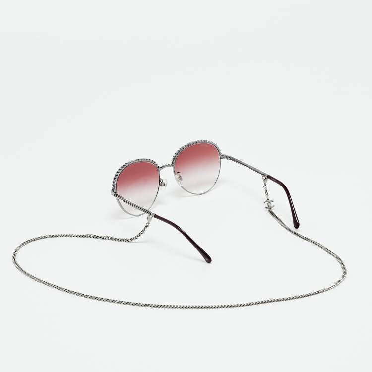 Pre Owned Chanel Pink Gradient 4242 Pantos Chain Aviator Sunglasses