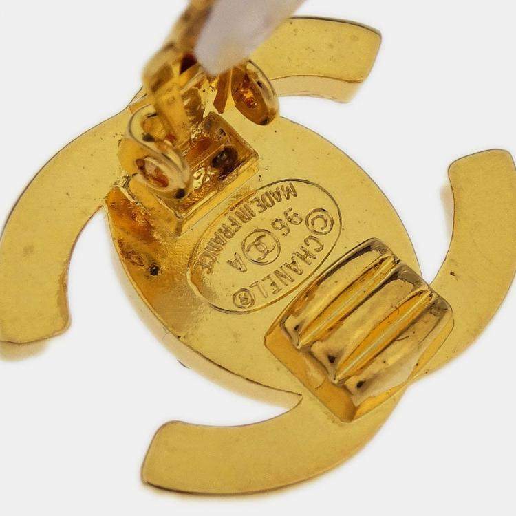Pre Owned Chanel CC Turnlock Rhinestone Earrings Clip-On Gold Small