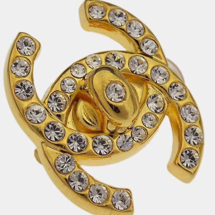 Pre Owned Chanel CC Turnlock Rhinestone Earrings Clip-On Gold Small