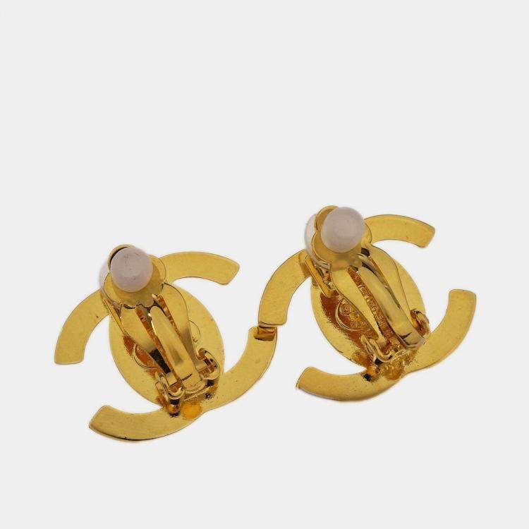 Pre Owned Chanel CC Turnlock Rhinestone Earrings Clip-On Gold Small