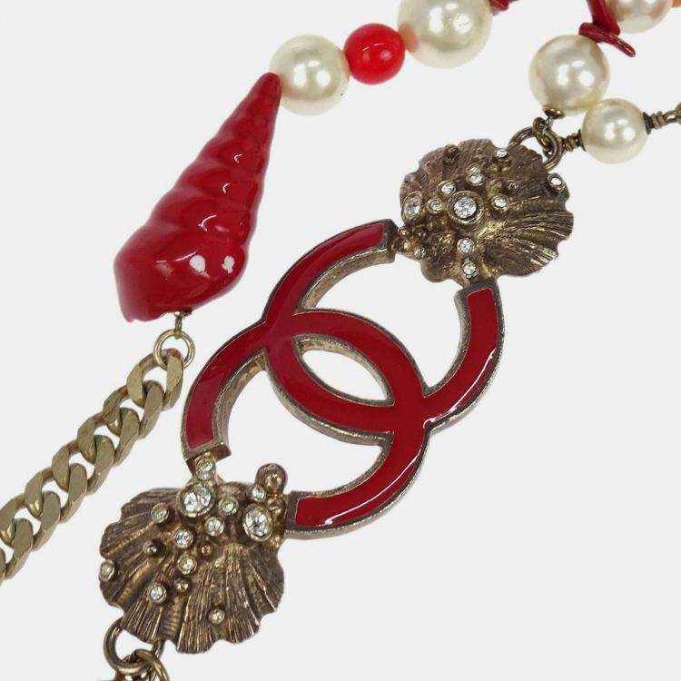 Pre Owned حزام شانيل سلسلة فضية لؤلؤ اصطناعي حجر الراين حجم صغير