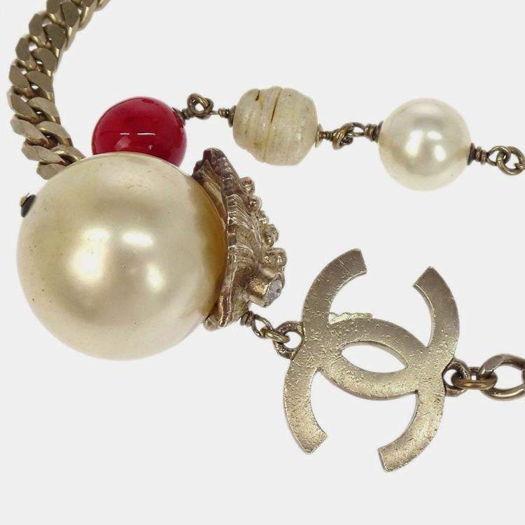 Pre Owned حزام شانيل سلسلة فضية لؤلؤ اصطناعي حجر الراين حجم صغير