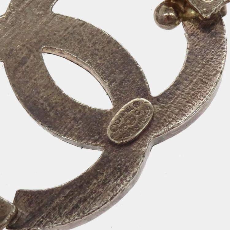 Pre Owned حزام شانيل سلسلة فضية لؤلؤ اصطناعي حجر الراين حجم صغير