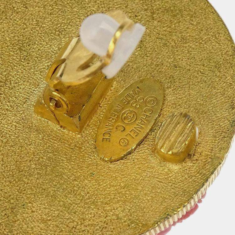 Pre Owned Chanel Gold Pink Button Earrings Clip-On